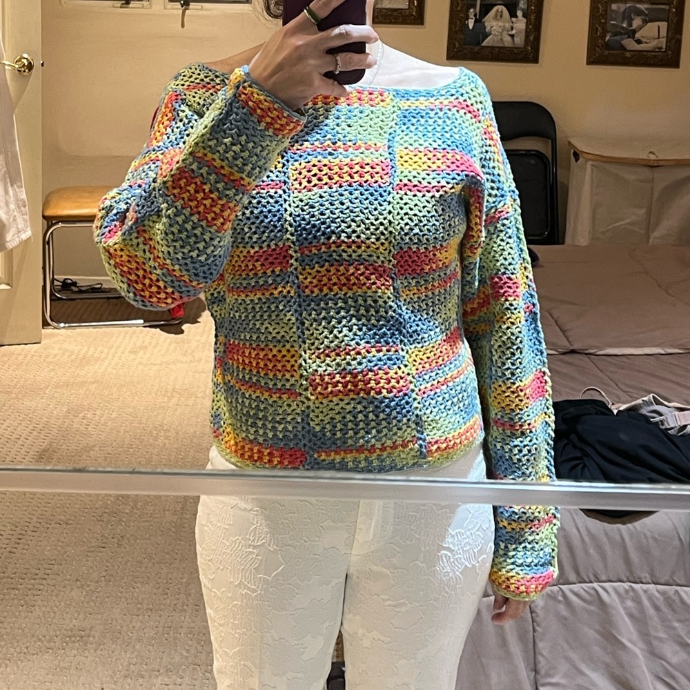 The Elder Statesman Rainbow Boat Neck Knit Sweater.